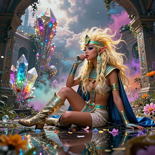 Digital fantasy artwork of a blonde, elven queen with glowing jewelry, sitting on a reflective floor in a vibrant, crystal-filled archway.