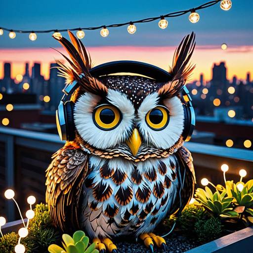 Hipster Owl Art in Urban Rooftop Garden