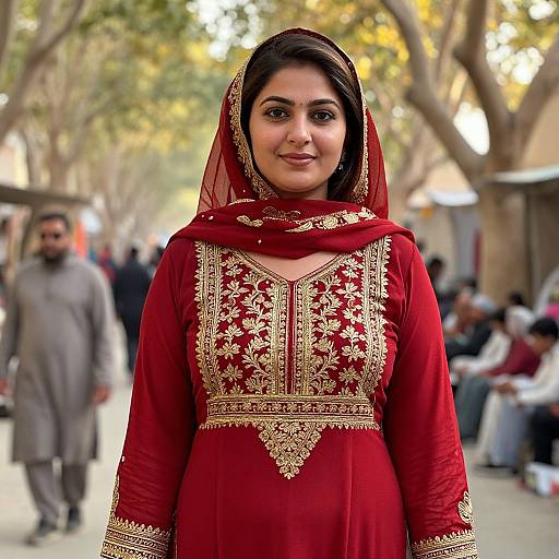 Photograph of a smiling South Asian woman in a red traditional dress with gold embroidery, wearing a matching red veil, standing outdoors with blurred background of people