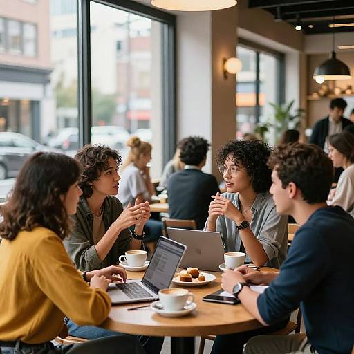 Photograph of diverse group of five young professionals, casually dressed, seated at a wooden table in a modern, sunlit café, sipping coffee,