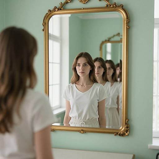 Photograph of a young woman with long brown hair, wearing a white blouse, standing in front of an ornate, gold-framed mirror, reflecting