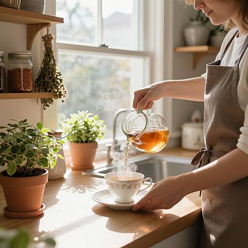 Photograph of a woman in a brown apron pouring tea into a white cup on a sunlit kitchen counter with potted plants.
