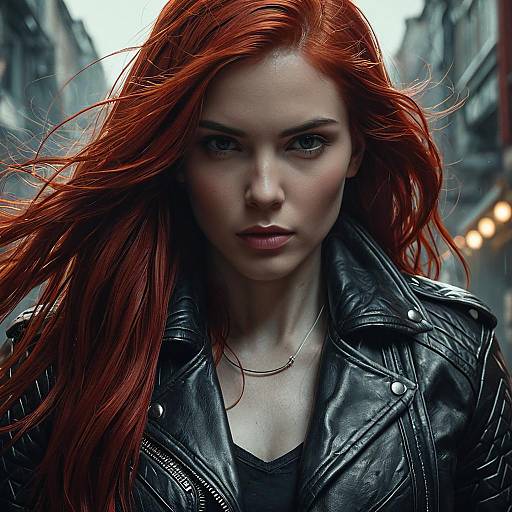 Portrait of Woman with Long Red Hair in Leather Jacket