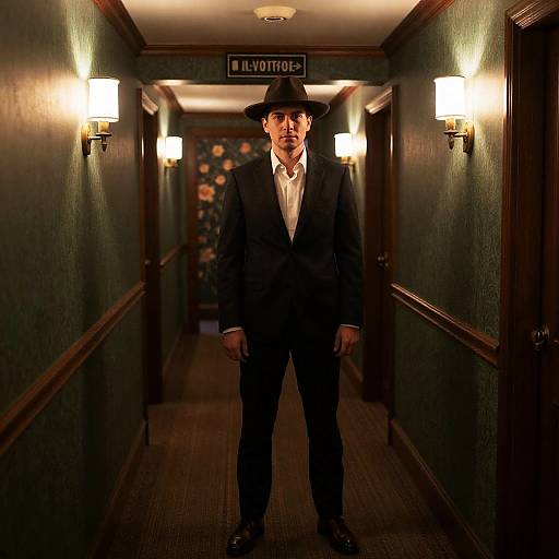 Mysterious Man in Dim Hallway