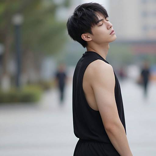 Photograph of an Asian man with short black hair, closed eyes, and black sleeveless top, standing in a blurred urban park. Background includes green