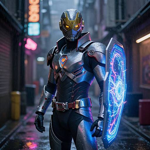 CGI image of a futuristic, armored superhero with glowing yellow eyes, holding a blue, neon-illuminated shield, standing in a neon-l