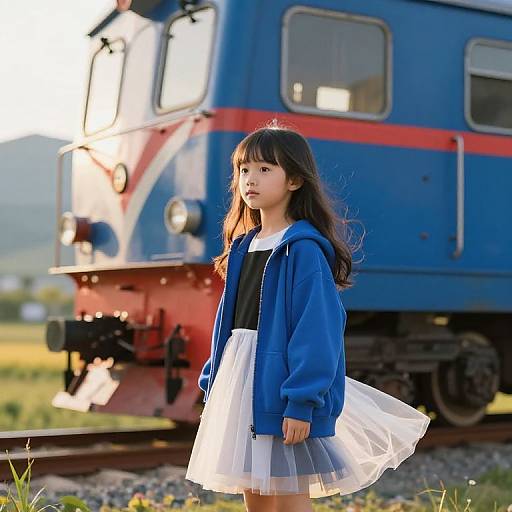 Photograph of a young Asian girl with long black hair, wearing a blue hoodie and white tulle skirt, standing in front of a blue and red