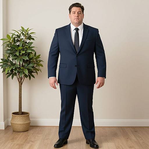 Photograph of a serious, medium-build man in a dark navy suit, white shirt, and black tie, standing in front of a white wall with