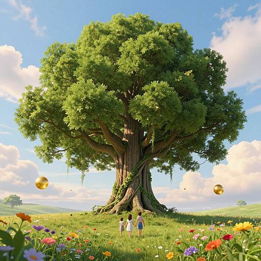 Photograph of a giant, lush green tree with sprawling branches, standing in a vibrant meadow filled with colorful wildflowers, under a bright blue sky