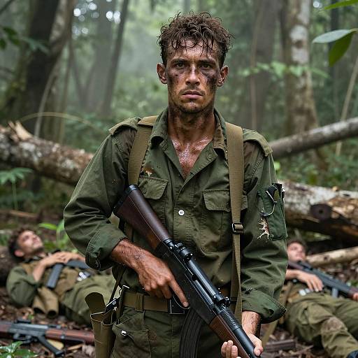 Grim Soldier in Dense Jungle Environment
