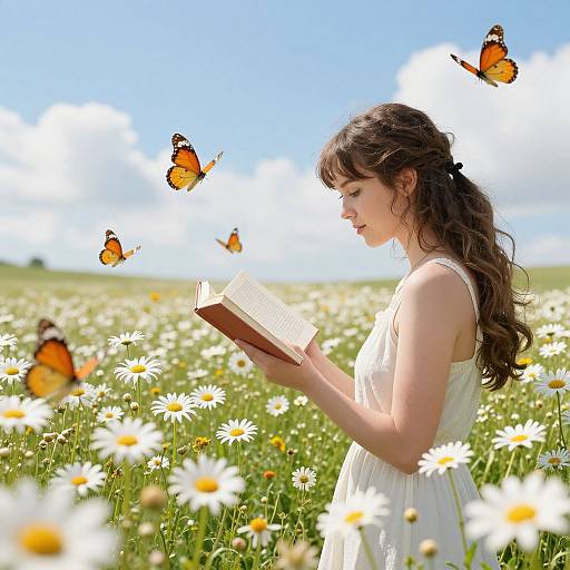 Photograph of a fair-skinned woman with long brown hair in a white dress, reading a book amidst a vibrant field of white daisies,