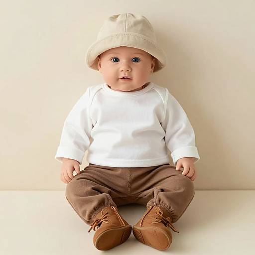 Photograph of a cute baby with fair skin, blue eyes, wearing a white long-sleeve shirt, brown pants, brown shoes, and a