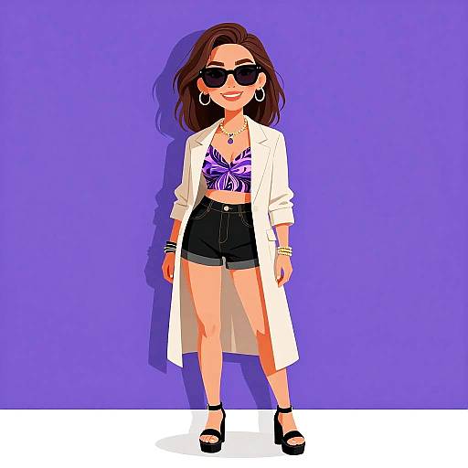 Digital illustration of a stylish woman with brown hair, wearing black sunglasses, white coat, purple crop top, black shorts, and black heels, against a