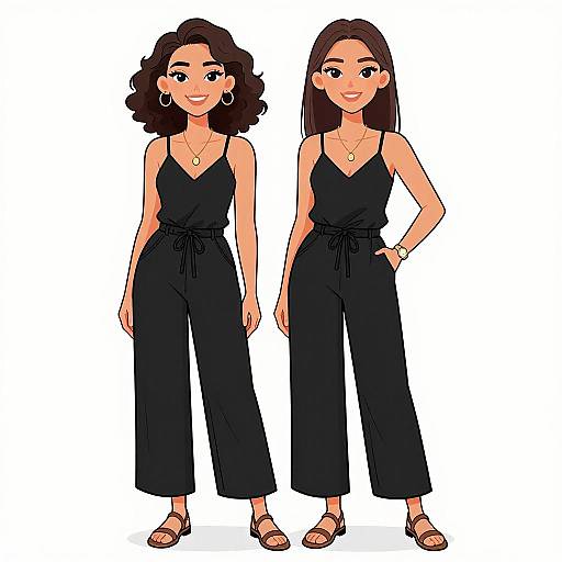 Digital illustration of two women with dark hair, wearing black sleeveless jumpsuits, gold necklaces, hoop earrings, and sandals, standing against a white