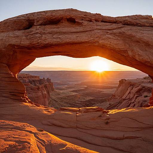 Photograph of a dramatic desert sunset through a large, natural rock arch, highlighting warm, orange-red rock textures and a bright, glowing sun in the