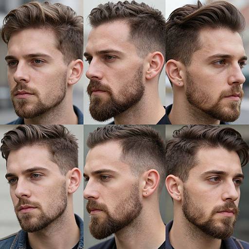 Photograph collage of six side profiles of a bearded Caucasian man with dark brown, styled hair and ear piercings, showcasing different haircuts and