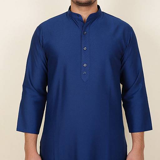 Photograph of a man's chest to neck wearing a dark blue, long-sleeved, button-up traditional kurta with a high collar against a