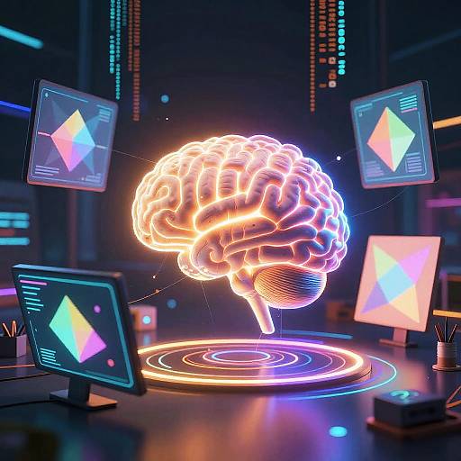 Neon-lit, glowing brain hovering above a circular platform, surrounded by five monitors displaying colorful geometric patterns in a futuristic, dark room. Digital CGI