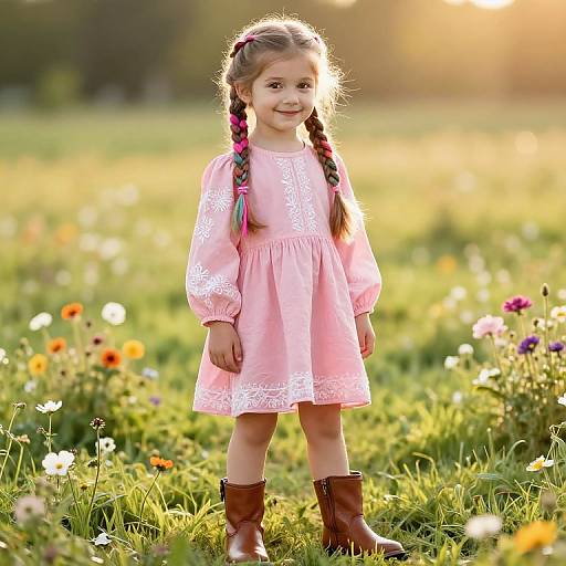 Photograph of a smiling young girl with braided hair in a pink lace dress and brown boots, standing in a sunlit meadow with colorful wild