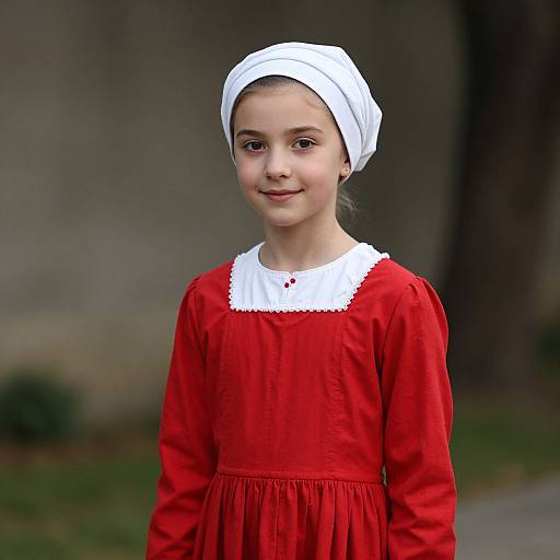 Photograph of a young girl with light skin, dark eyes, and brown hair in a white headscarf, wearing a red dress with a white