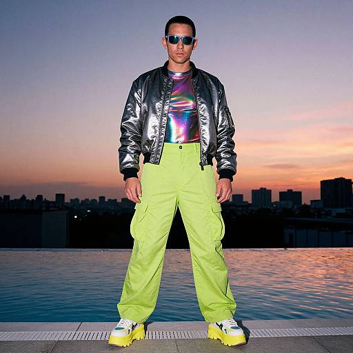 Photograph of a man with short hair, wearing sunglasses, shiny metallic shirt, black jacket, neon green pants, and yellow shoes, standing on rooftop