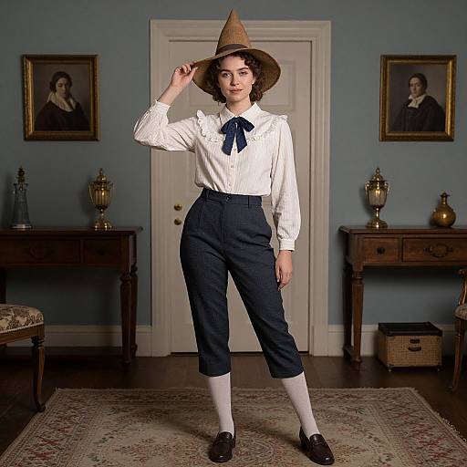 Photograph of a young woman with curly brown hair, wearing a brown hat, white blouse, navy high-waisted pants, white socks, and