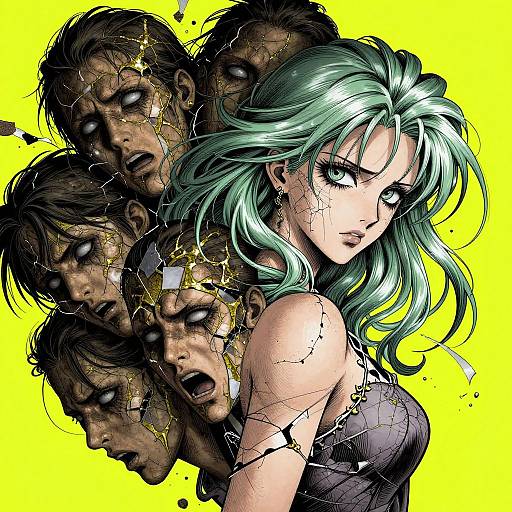Digital manga-style illustration of a green-haired woman with cracked skin, surrounded by multiple angry, cracked male faces, set against a bright yellow background.