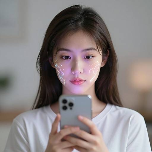 Photograph of an East Asian woman with long black hair, white face paint lightning patterns, and a white shirt, taking a selfie with a grey iPhone