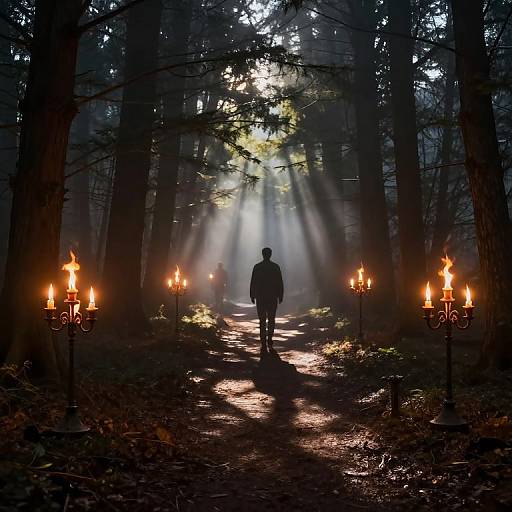 Mystic Forest Path Illuminated by Candelabras