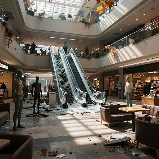 Photograph of a sunlit, two-story shopping mall with a damaged, ice-covered escalator, scattered autumn leaves, and shoppers in the background.
