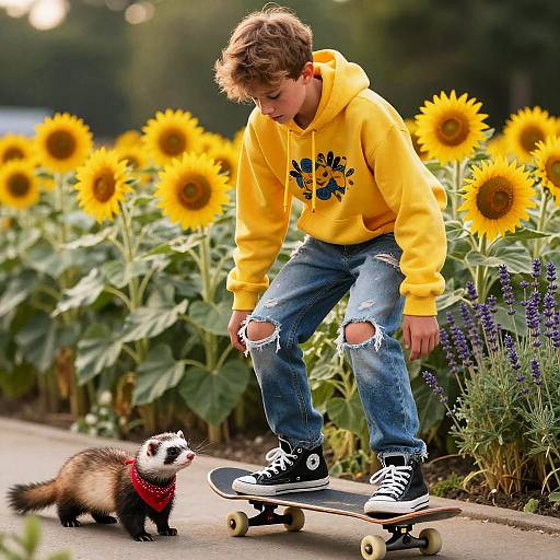 Teen Skateboarder with Ferret in Sunflower Garden