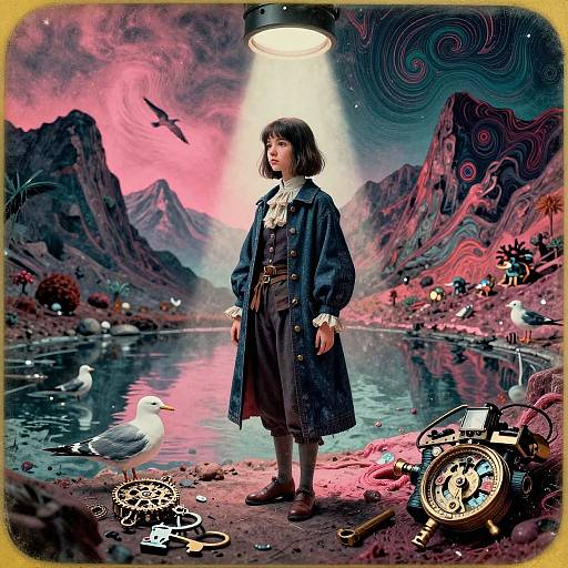 Digital artwork of a young girl in 18th-century clothing, standing by a surreal lake with mountains, seagulls, and clockwork objects.
