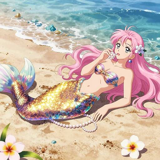 Anime-style digital illustration of a pink-haired mermaid with a shimmering gold and blue tail, lying on a sandy beach, holding a flower, with