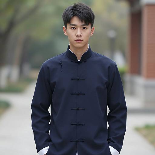 Photograph of a young Asian man with short black hair, wearing a traditional black Chinese qipao with four buttons, standing outdoors on a blurred pathway