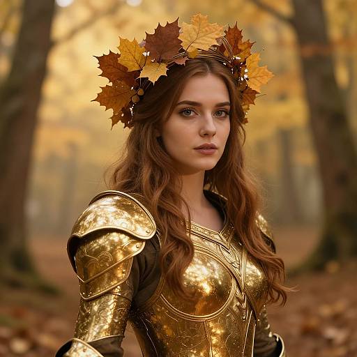 Photograph of a fair-skinned woman with long brown hair, wearing golden armor and an autumn leaf crown, standing in a forest with yellow-leaved