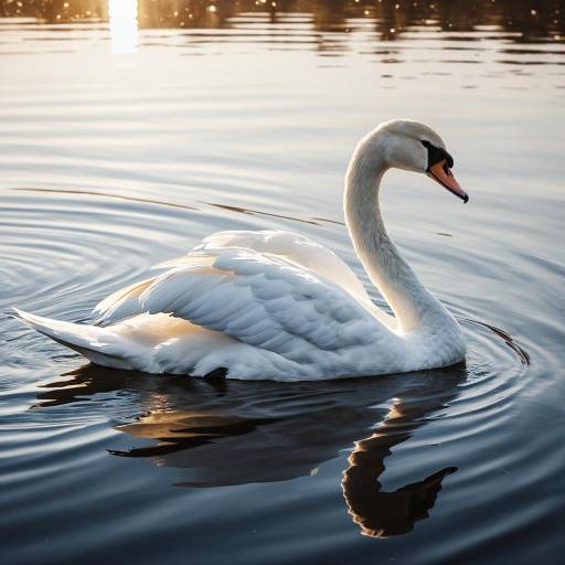 Elegant White Swan on Calm Lake at Sunrise