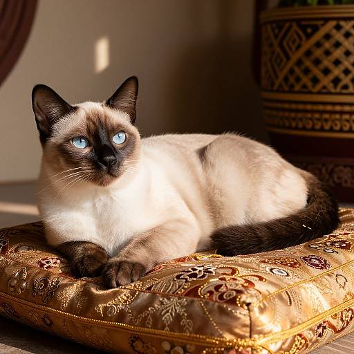 Elegant Siamese Cat on Silk Cushion