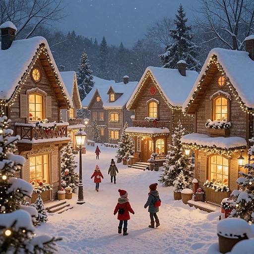 Photograph of a snowy, festive village at dusk, featuring warmly lit, wooden cottages adorned with Christmas lights, snow-covered trees, and children playing