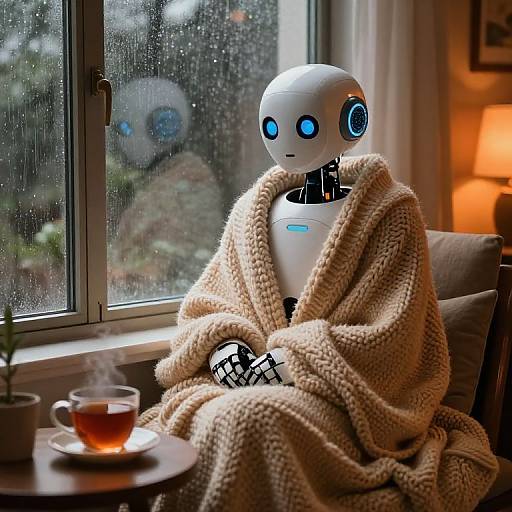 Photograph of a white, blue-eyed robot in a cozy, beige knit blanket, sitting by a rainy window with a steaming cup of tea and