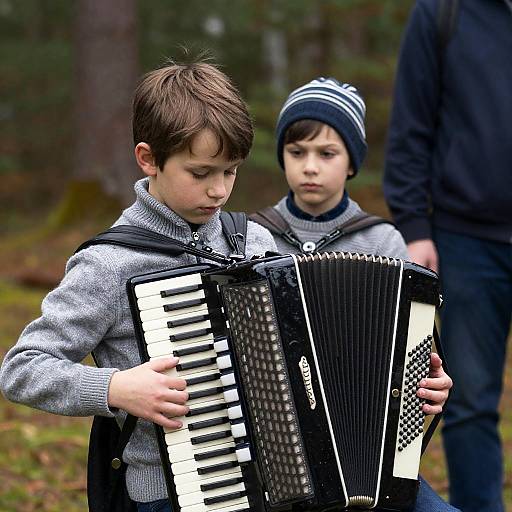 Boys Playing Accordion in Forest