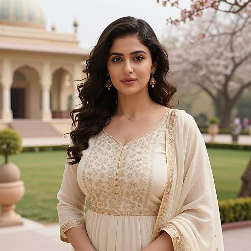 Photograph of a beautiful South Asian woman with long, wavy black hair, wearing an elegant cream traditional kurti with gold embroidery, standing in