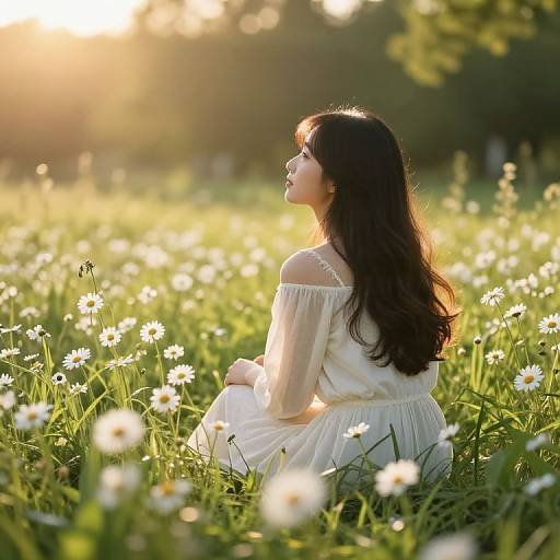 Photograph of a young woman with long dark hair, wearing a white off-shoulder dress, sitting in a sunlit daisy field, g