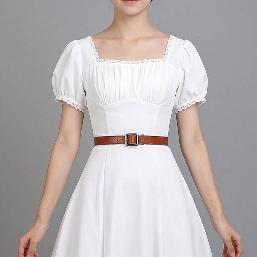 Photograph of a woman in a white, short-sleeved, lace-trimmed dress with a brown belt, standing against a plain gray background