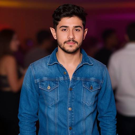 Photograph of a young, bearded man with short black hair, wearing a blue denim shirt, standing in a dimly lit, blurred background with