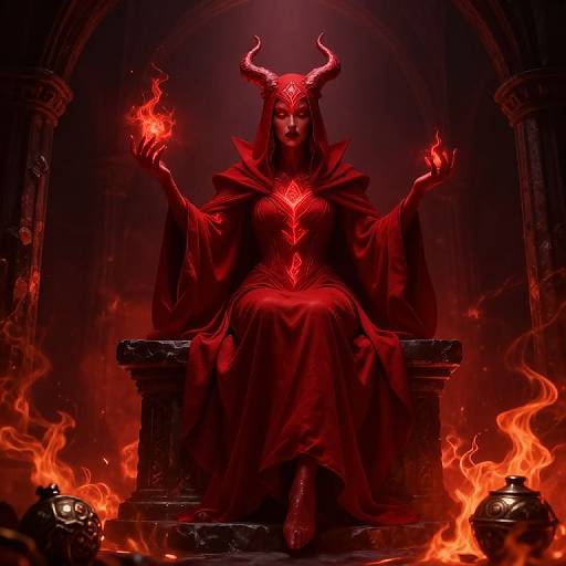Digital artwork of a demonic queen with red horns, glowing red dress, and fiery eyes, seated on a dark throne, surrounded by flames and mystical orbs