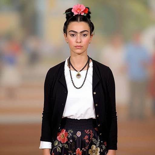 Photograph of a young woman with dark hair in a bun, adorned with a red flower, wearing a black cardigan, white shirt, floral skirt
