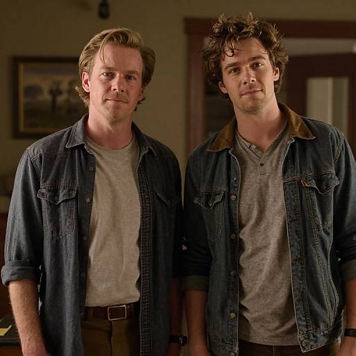 Photograph of two white men with short hair, wearing denim shirts over gray t-shirts, standing indoors; background includes a framed picture and door.