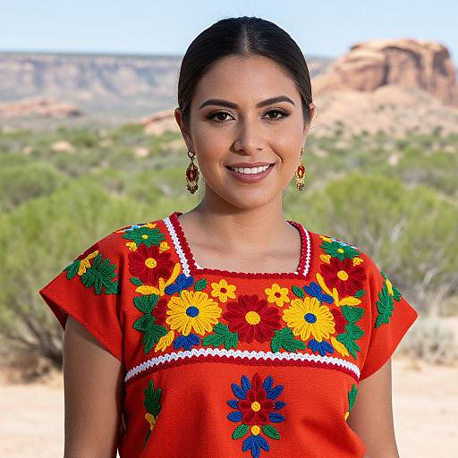 Photograph of a smiling South Asian woman with dark hair in a ponytail, wearing a red embroidered top, gold earrings, and standing in a desert