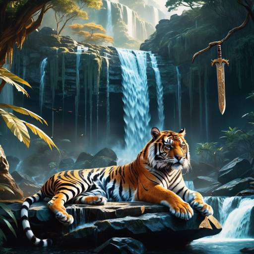 Fierce Tiger by Shimmering Waterfall Fierce Tiger by Shimmering Waterfall