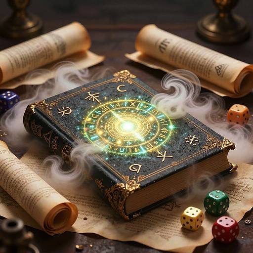 Mystical photograph of an ancient, glowing magical book surrounded by rolled parchments, dice, and swirling white smoke on a dark wooden table.